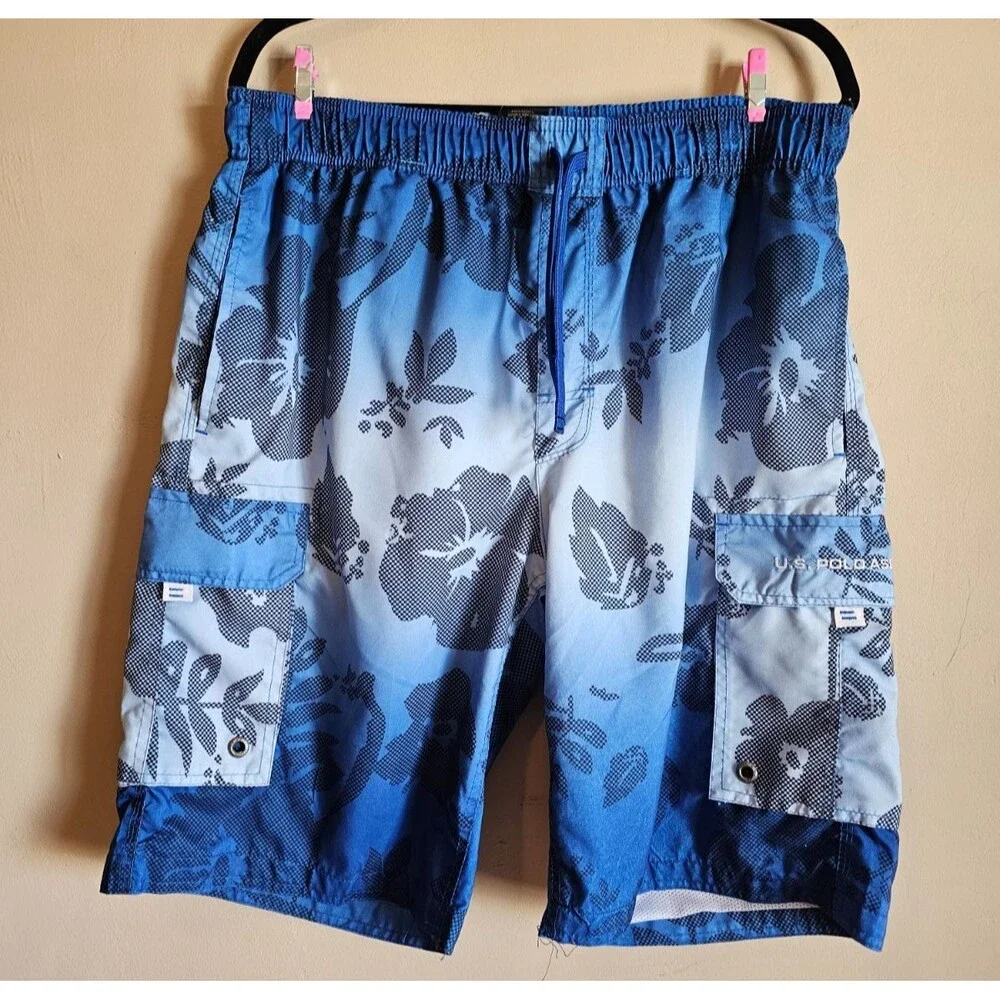 US Polo Assn. Mens Swim Trunks White Blue Size L Elastic Waist w/Tie